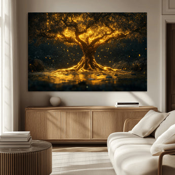 59580-MGV-CV-36X24-Glowing Tree Wall Art – Golden Fantasy Nature Canvas Print, Mystical Illuminated Tree Painting Poster for Living Room, Bedroom,