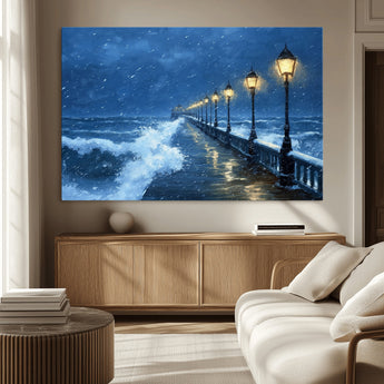 32668-MGV-CV-36X24-Stormy Pier Wall Art – Ocean Waves and Street Lamps Canvas Print, Rainy Night Seascape Oil Painting Poster for Living Room,