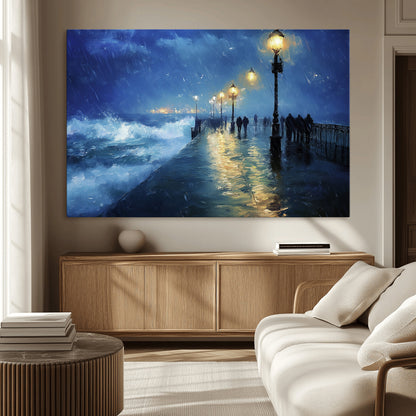 94571-MGV-CV-36X24-Seaside Night Wall Art – Ocean Waves and Street Lamps Canvas Print, Rainy City Pier Oil Painting Poster for Living Room, Bedroom,