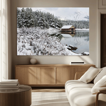 29975-MGV-CV-36X24-Winter Cabin by the Lake Wall Art – Snowy Mountain Landscape Canvas Print, Rustic Lodge Cabin Decor for Cozy Living Room, Bedroom