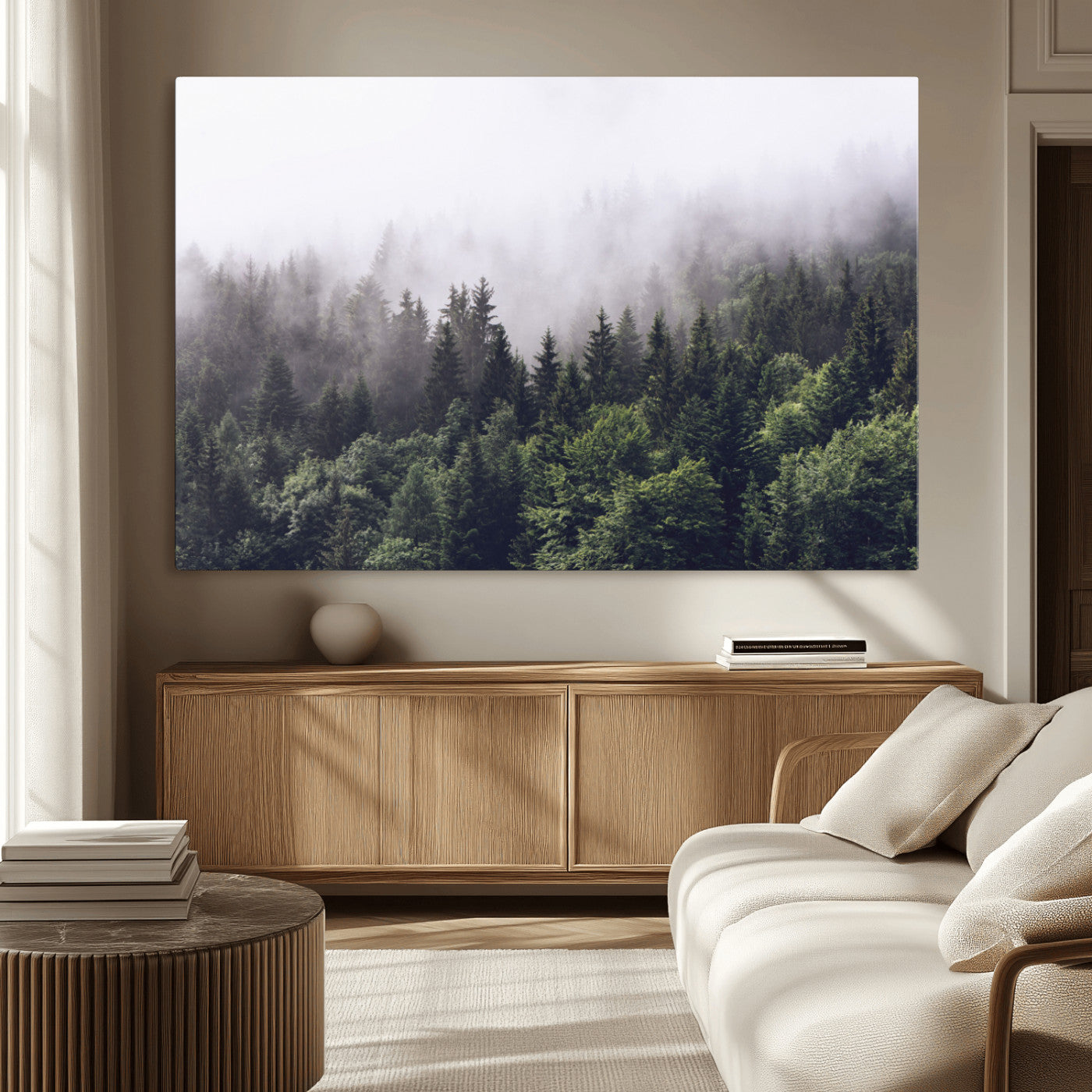 42578900-MGV-CV-36X24-Misty Pine Forest Wall Art – Tranquil Foggy Mountain Canvas Print, Nature Landscape Décor for Bedroom, Living Room, Cabin or
