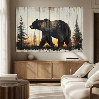 83875-MGV-CV-36X24-Sunset Bear Wall Art – Rustic Wildlife Canvas Print with Forest Silhouette, Cabin Lodge Decor for Living Room or Office