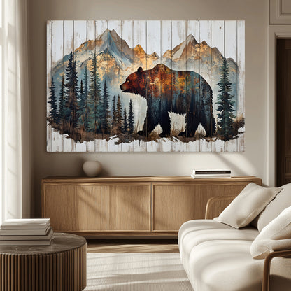 55777-MGV-CV-36X24-Rustic Bear Wall Art Canvas Print, Framed Mountain and Forest Art Picture Print, Wooden Bear Perfect Rustic Lodge Decor Artwork