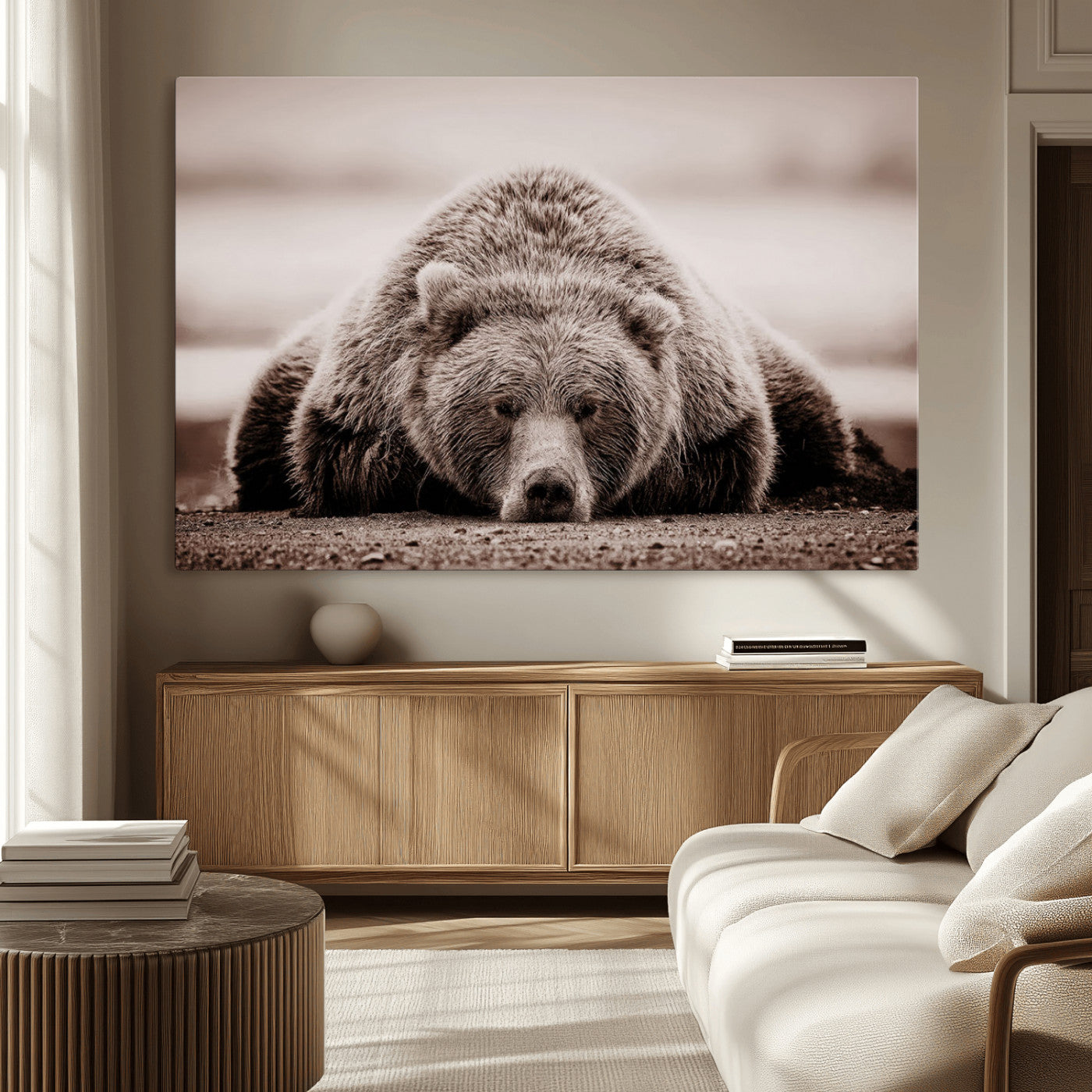 20611-MGV-CV-36X24-Grizzly Bear Wall Art – Majestic Wildlife Sepia Canvas Print, Rustic Nature Animal Artwork for Cabin, Lodge, Living Room, Bedroom,