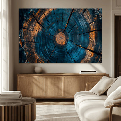65231-MGV-CV-36X24-Blue and Gold Tree Ring Wall Art – Rustic Abstract Wood Slice Canvas Print, Modern Nature Inspired Artwork for Living Room,
