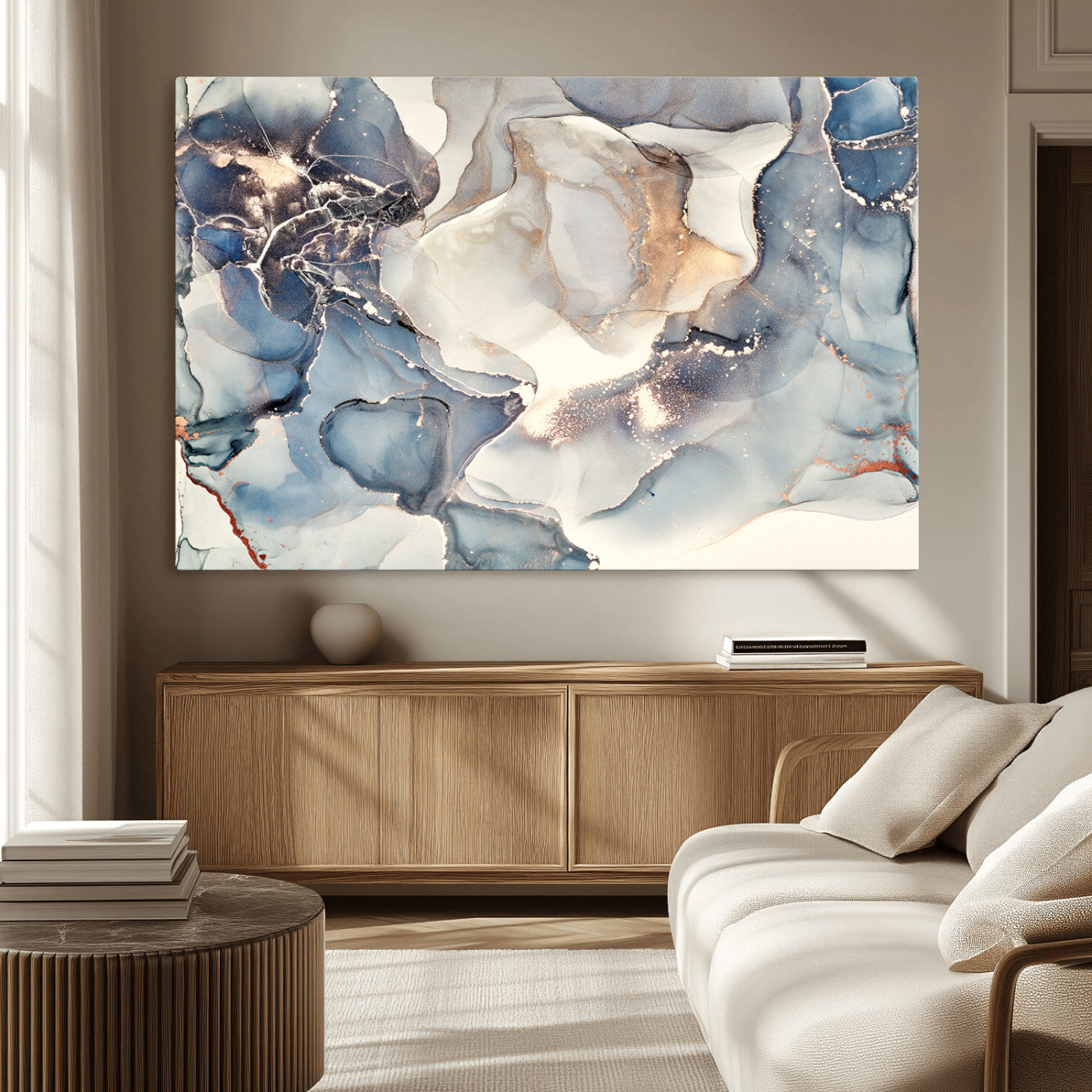 51497-MGV-CV-36X24-Abstract Blue and Gold Wall Art – Modern Fluid Ink Style Canvas Print, Elegant Contemporary Decor for Living Room, Office