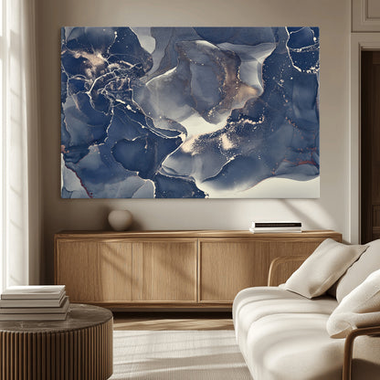 28282-MGV-CV-36X24-Blue Abstract Wall Art – Modern Ink Swirl Canvas Print, Contemporary Navy and Gold Painting for Living Room, Bedroom, Office or