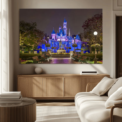 63560-MGV-CV-36X24-Fairy Tale Castle Wall Art – Magical Night Scene Canvas Print with Lights and Gardens, Fantasy Architecture Artwork for Living