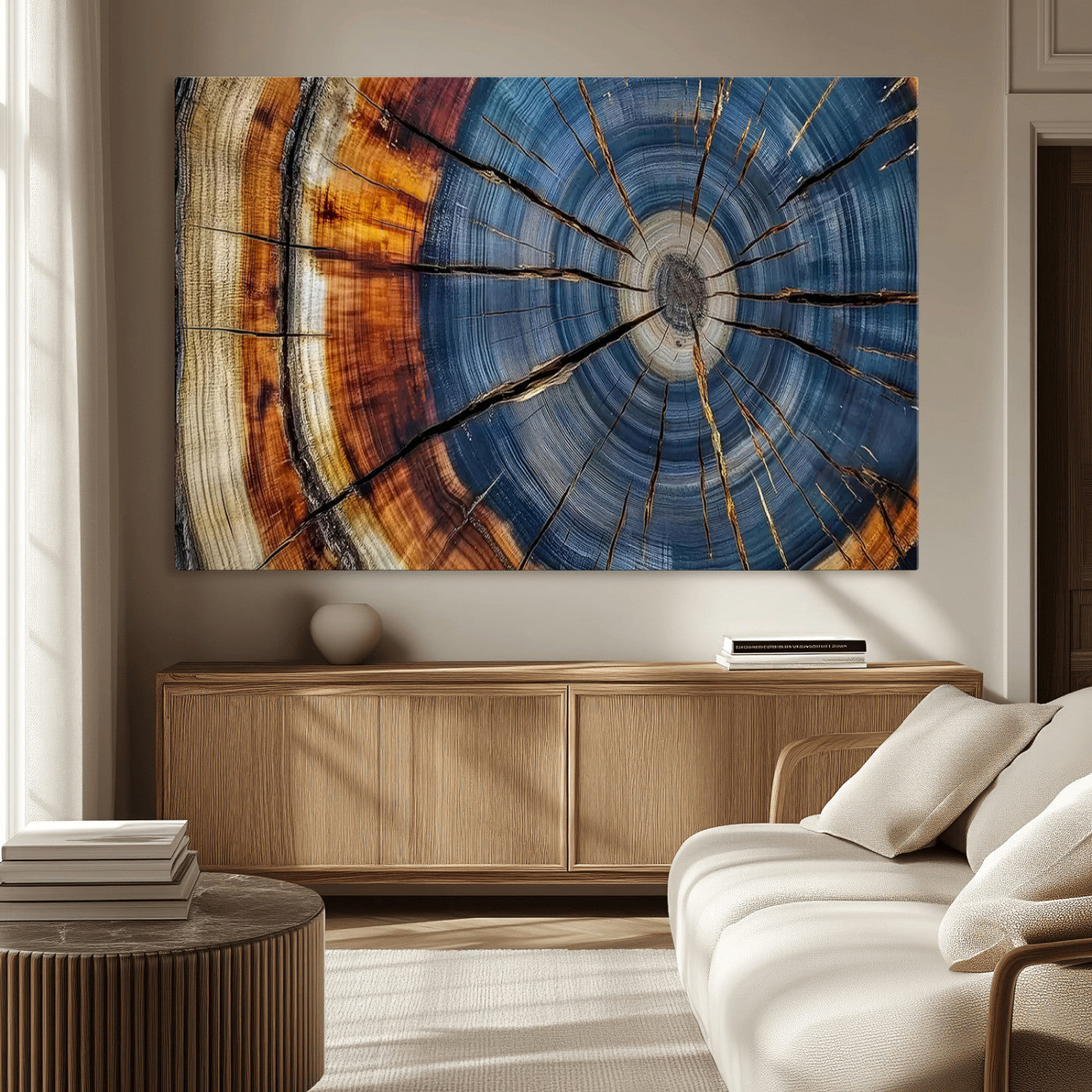 10583-MGV-CV-36X24-Tree Ring Wall Art – Abstract Wood Grain Canvas Print with Blue and Brown Tones, Nature Inspired Rustic Artwork for Living Room,
