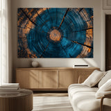 13398-MGV-CV-36X24-Tree Ring Wall Art – Abstract Wood Grain Canvas Print with Blue and Orange Accents, Rustic Nature Inspired Artwork for Living