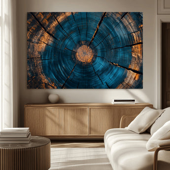 13398-MGV-CV-36X24-Tree Ring Wall Art – Abstract Wood Grain Canvas Print with Blue and Orange Accents, Rustic Nature Inspired Artwork for Living