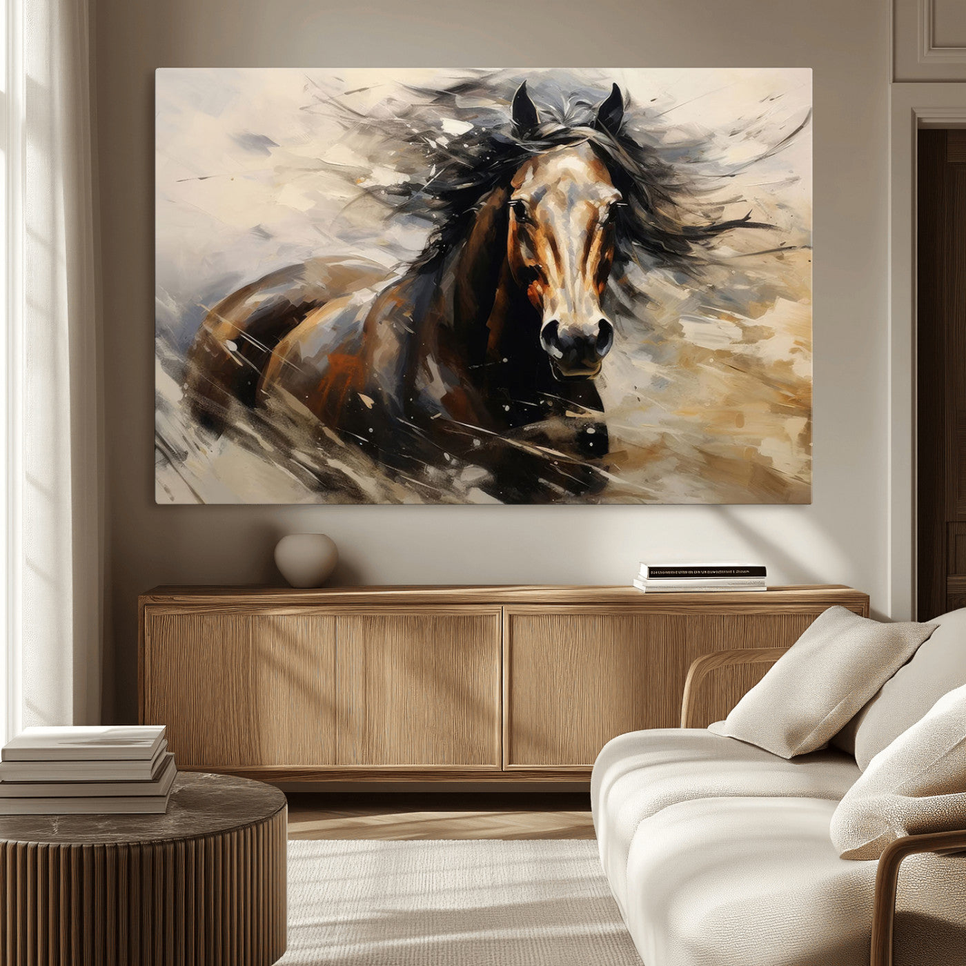 53001-MGV-CV-36X24-Wild Horse Wall Art – Majestic Stallion Canvas Print with Flowing Mane, Rustic Western Style Painting for Living Room, Office or