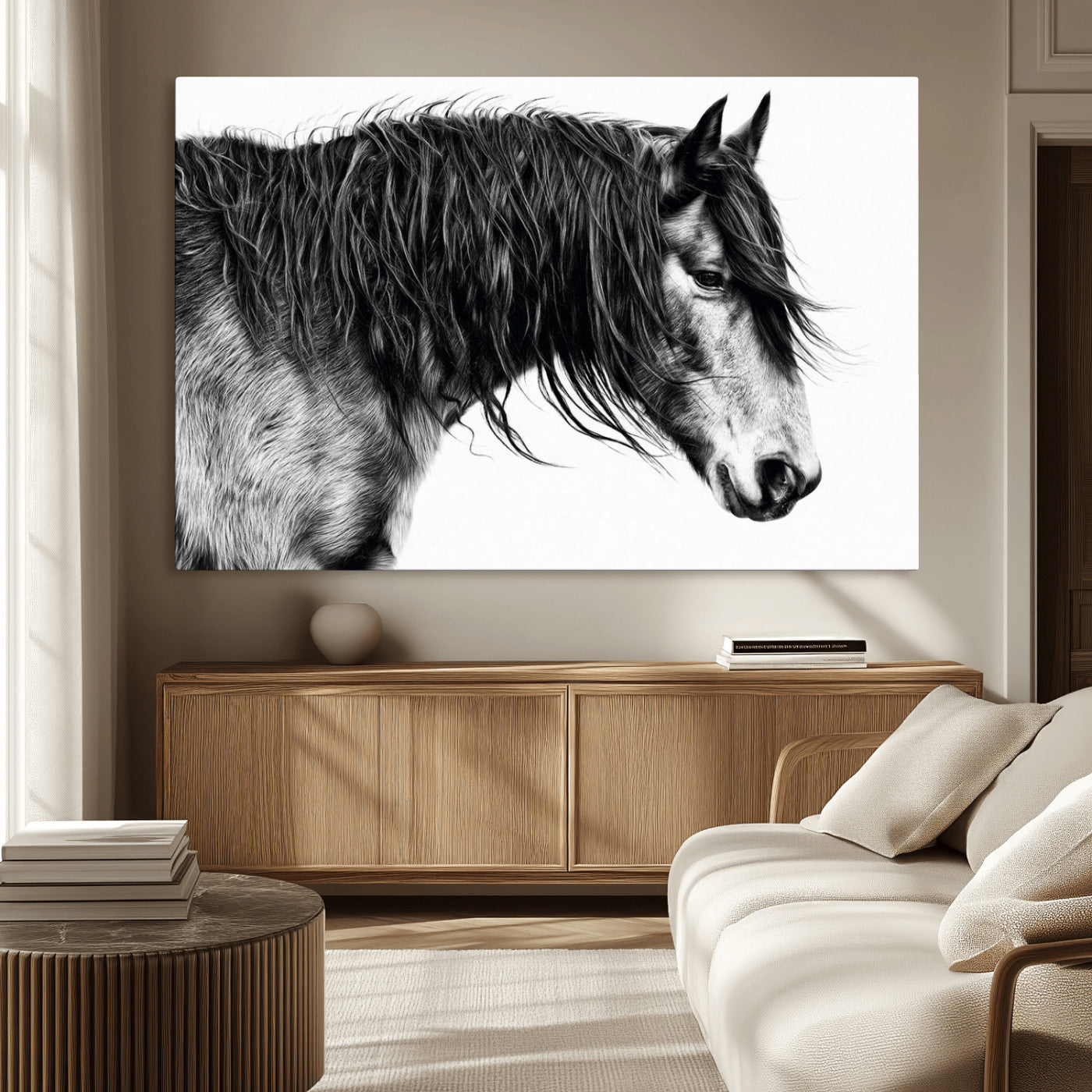 57694-MGV-CV-36X24-Horse Portrait Wall Art – Black and White Canvas Print with Detailed Stallion Profile, Rustic Farmhouse Equestrian Artwork for