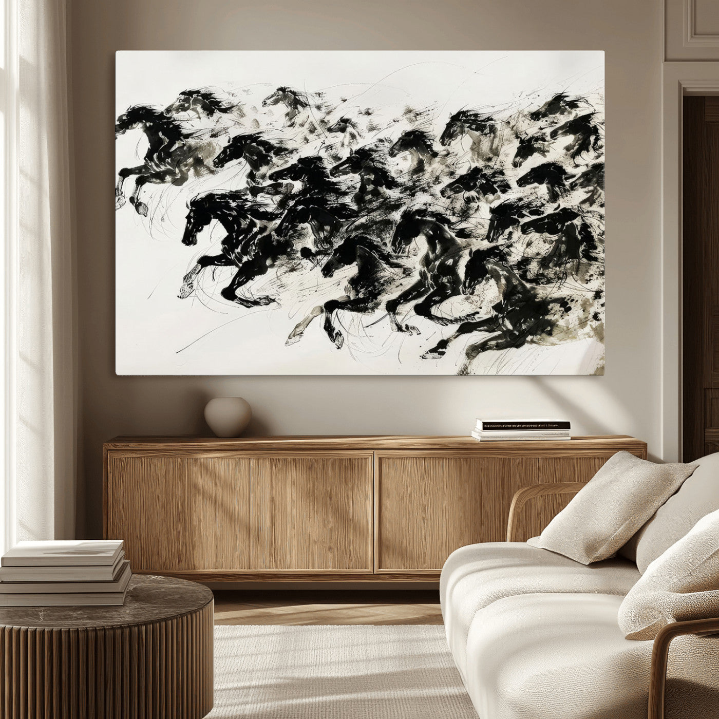 23069-MGV-CV-36X24-Galloping Horses Wall Art – Black Ink Painting on Canvas, Dynamic Equestrian Artwork with Running Stallions, Expressive Modern