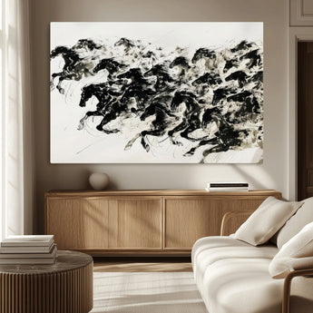 23069-MGV-CV-36X24-Galloping Horses Wall Art – Black Ink Painting on Canvas, Dynamic Equestrian Artwork with Running Stallions, Expressive Modern