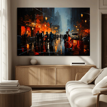 32816-MGV-CV-36X24-City Jazz Night Wall Art – Modern Abstract Urban Street Scene Canvas Print, Moody Music-Themed Decor for Living Room, Office, or