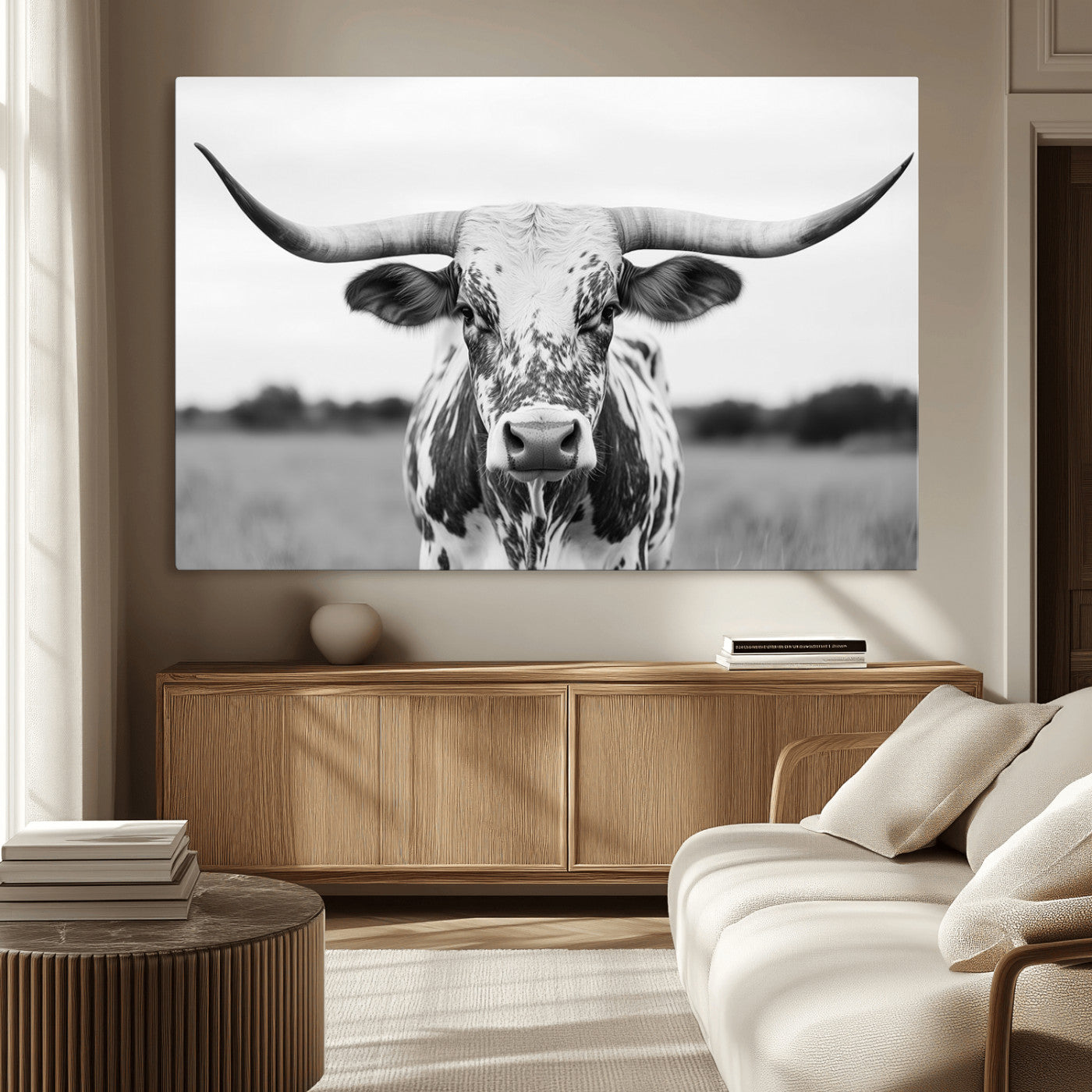 20272-MGV-CV-36X24-Texas Longhorn Wall Art – Black and White Cowboy Western Canvas Print, Rustic Farmhouse Cattle Photography Decor for Ranch, Barn