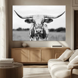 20272-MGV-CV-36X24-Texas Longhorn Wall Art – Black and White Cowboy Western Canvas Print, Rustic Farmhouse Cattle Photography Decor for Ranch, Barn