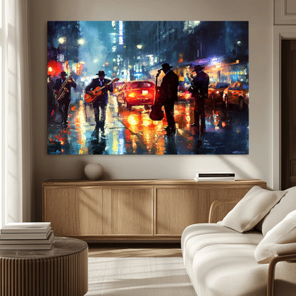 94605-MGV-CV-36X24-City Jazz Night Wall Art – Vibrant Music Canvas Print Featuring Saxophone, Guitar and Bass Players, Urban Street Scene Artwork for