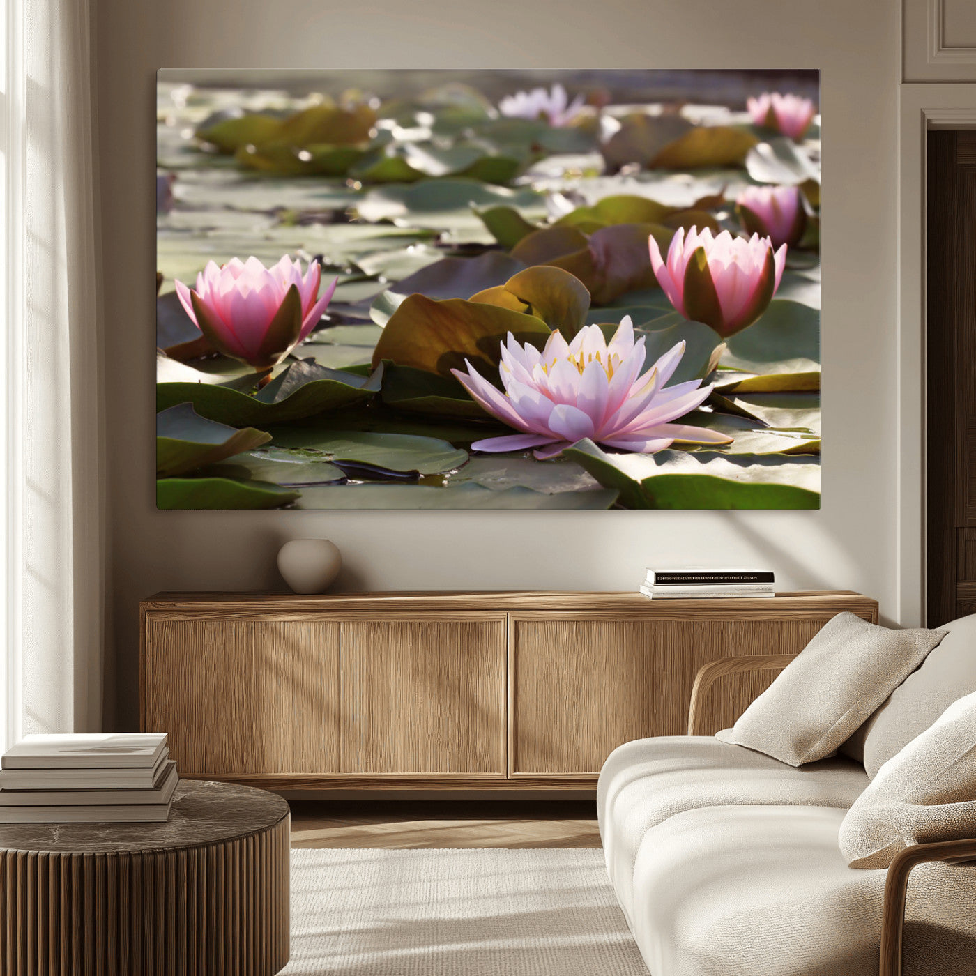 72218-MGV-CV-36X24-Water Lily Pond Wall Art – Pink Lotus Flowers Canvas Print with Green Lily Pads, Peaceful Botanical Artwork for Living Room,