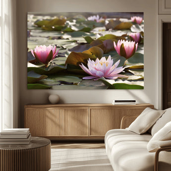 72218-MGV-CV-36X24-Water Lily Pond Wall Art – Pink Lotus Flowers Canvas Print with Green Lily Pads, Peaceful Botanical Artwork for Living Room,