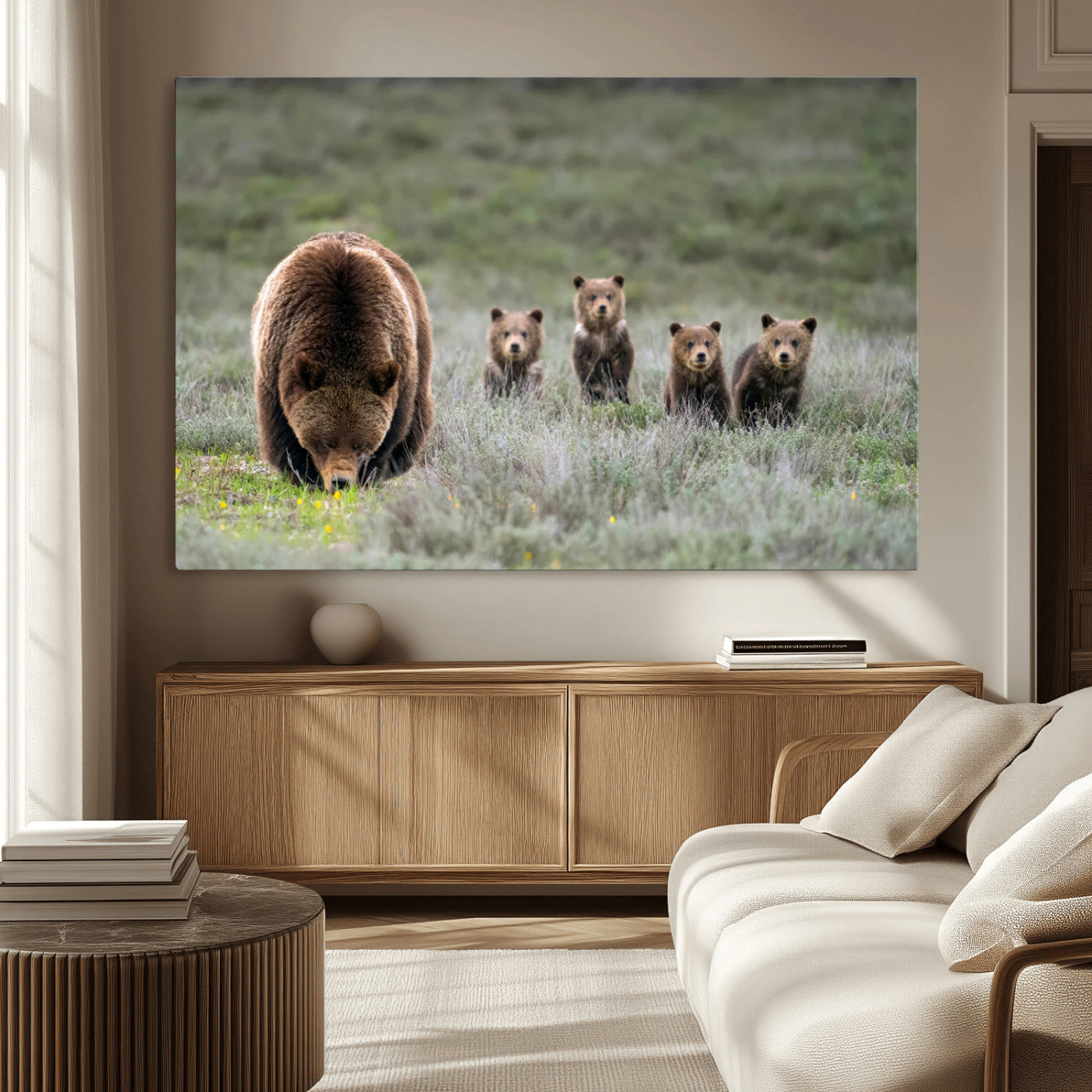 65087B-MGV-CV-36X24-Bear Family Wall Art – Wildlife Canvas Print Featuring Mother Bear with Cubs in Nature, Rustic Animal Artwork for Living Room,