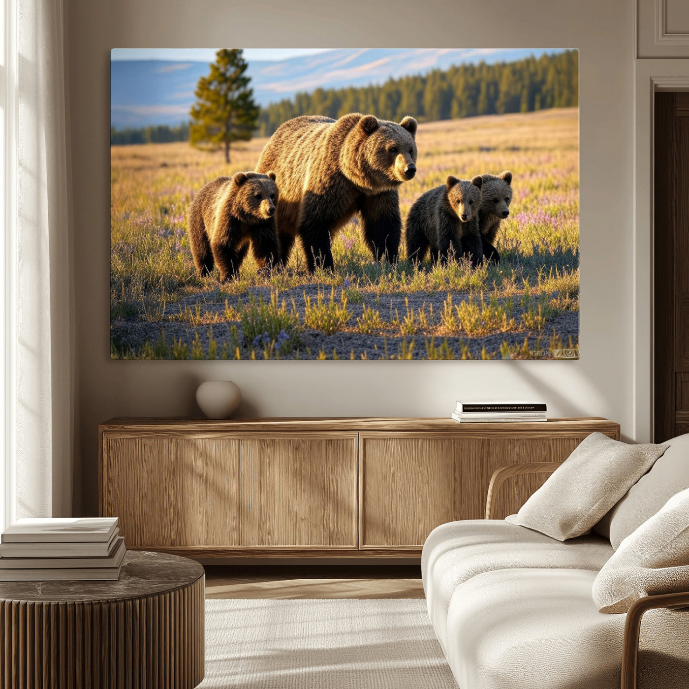 43400-MGV-CV-36X24-Bear Family Wall Art – Wildlife Canvas Print of Mother Bear with Cubs in Sunlit Meadow, Rustic Animal Artwork for Living Room,