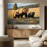 43400-MGV-CV-36X24-Bear Family Wall Art – Wildlife Canvas Print of Mother Bear with Cubs in Sunlit Meadow, Rustic Animal Artwork for Living Room,