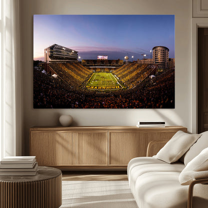 82557-MGV-CV-36X24-College Football Stadium Wall Art – Panoramic Sunset Canvas Print with Marching Band and Game Day Crowd, Sports Artwork for Man