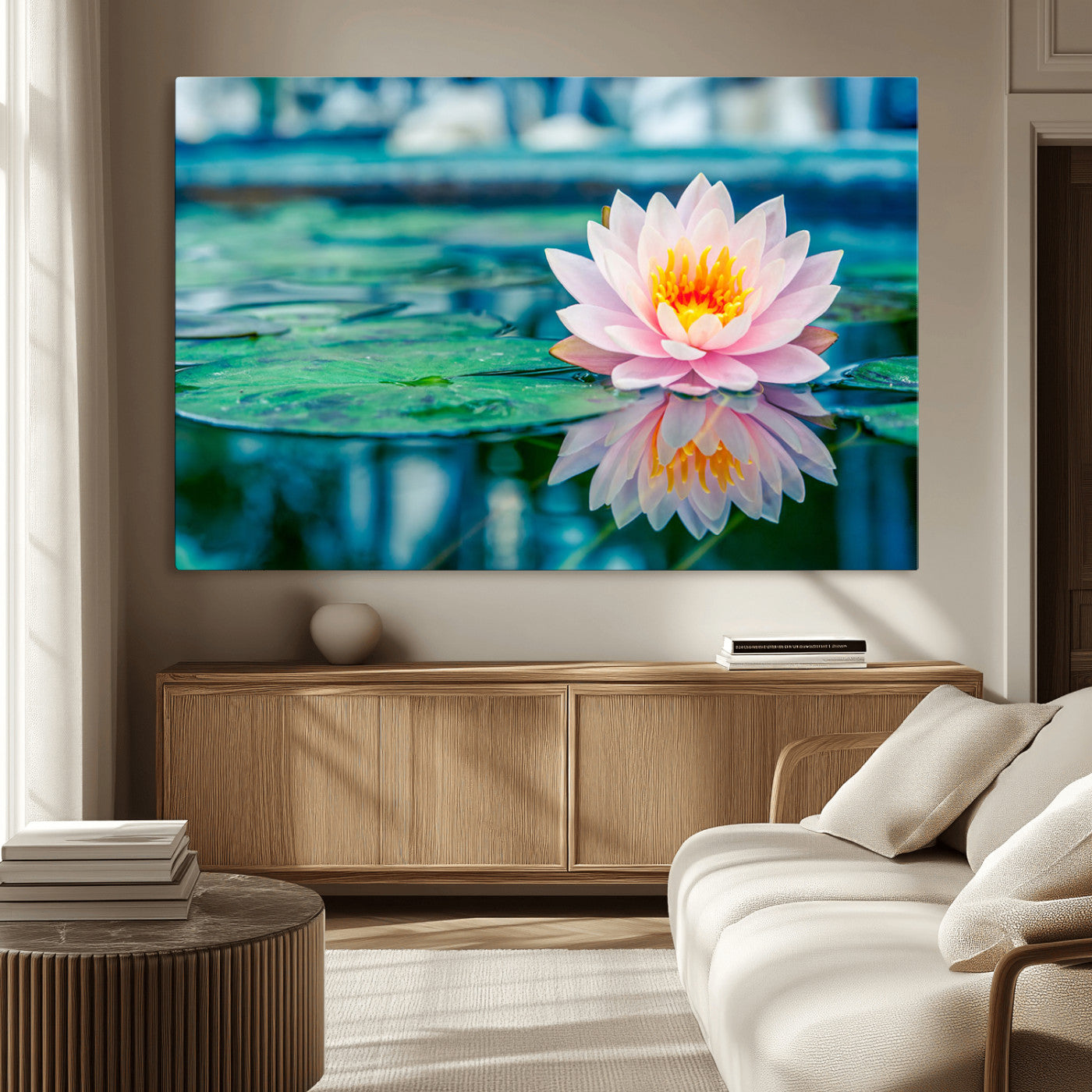 30320-MGV-CV-36X24-Pink Water Lily Wall Art – Lotus Flower Canvas Print with Reflection Water, Peaceful Botanical Artwork for Living Room, Bedroom,