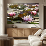 28394-MGV-CV-36X24-Water Lily Pond Wall Art – Pink Lotus Flowers Canvas Print with Green Lily Pads, Peaceful Botanical Artwork for Living Room,