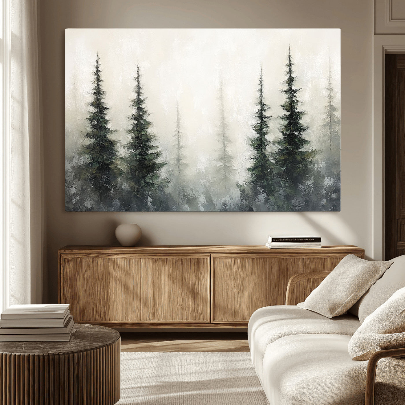 33241-MGV-CV-36X24-Misty Forest Wall Art Canvas Print, Framed Foggy Pines Art Picture Print, Forest Haze Perfect Rustic Minimalist Decor Artwork