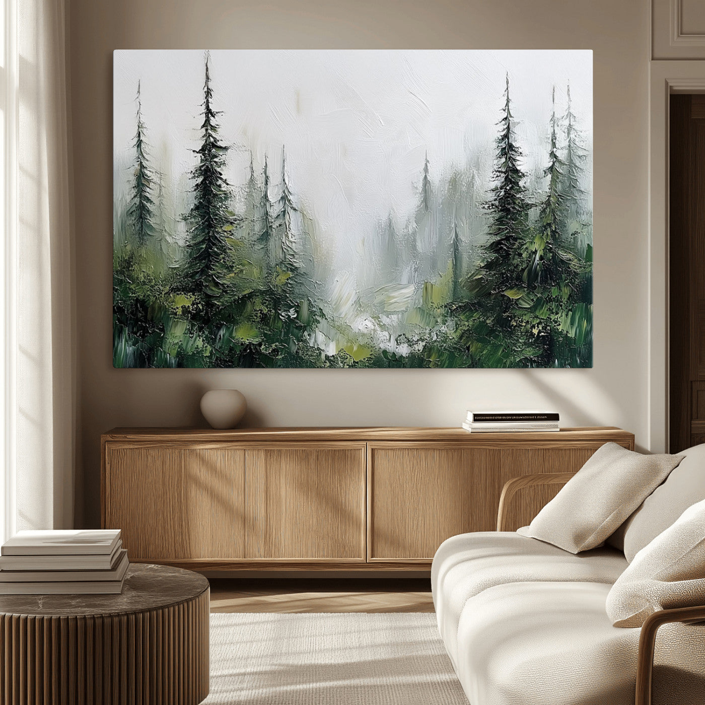 76014-MGV-CV-36X24-Forest Wall Art – Textured Canvas Print Featuring Misty Evergreen Pines and Woodland Landscape, Rustic Nature Artwork for Living