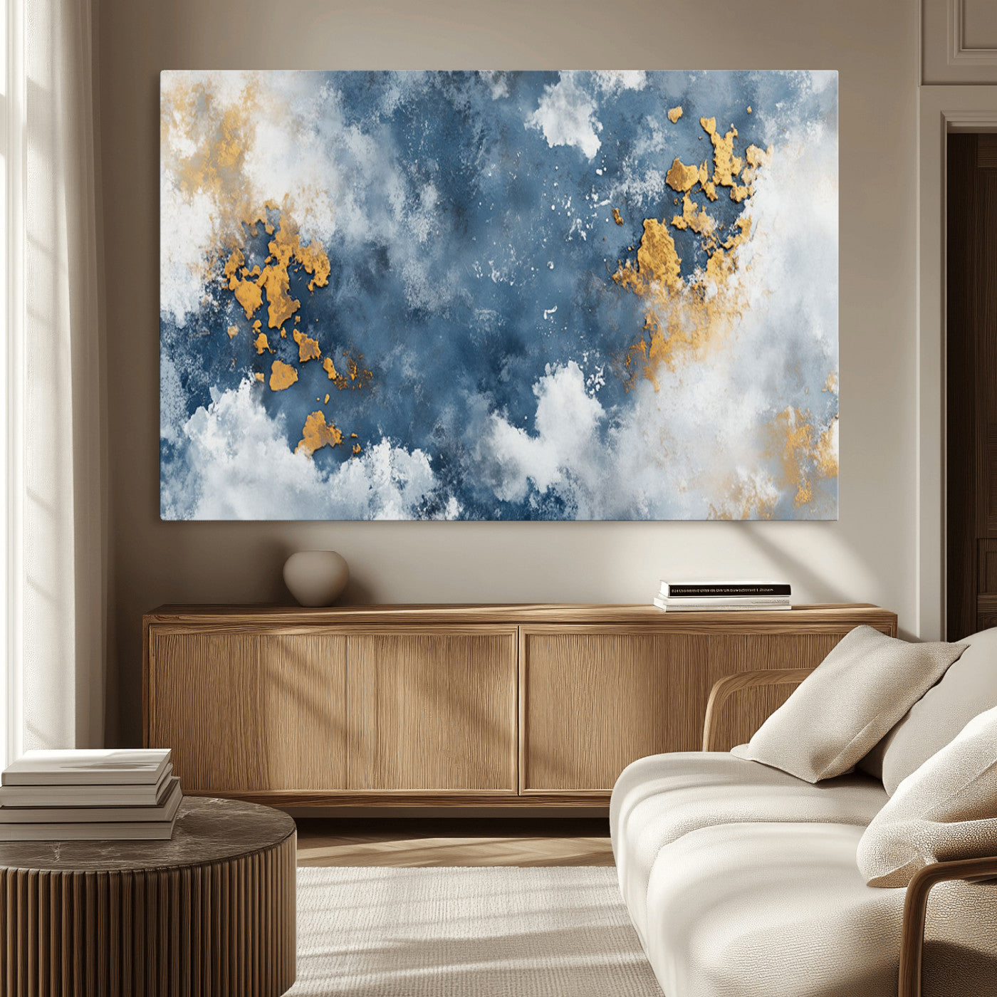 39575-MGV-CV-36X24-Blue and Gold Abstract Wall Art – Modern Canvas Print Featuring Cloudy Textures with Metallic Accents, Contemporary Artwork for