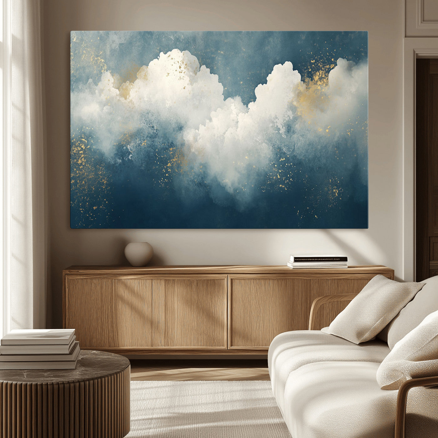 75131-MGV-CV-36X24-Abstract Cloud Wall Art – Modern Canvas Print Featuring Blue and White Clouds with Golden Accents, Contemporary Artwork for Living