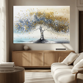 24771-MGV-CV-36X24-Silver Tree Wall Art Canvas Print, Framed Golden Leaves Art Picture Print, Metallic Tree Perfect Minimalist Luxury Decor Artwork