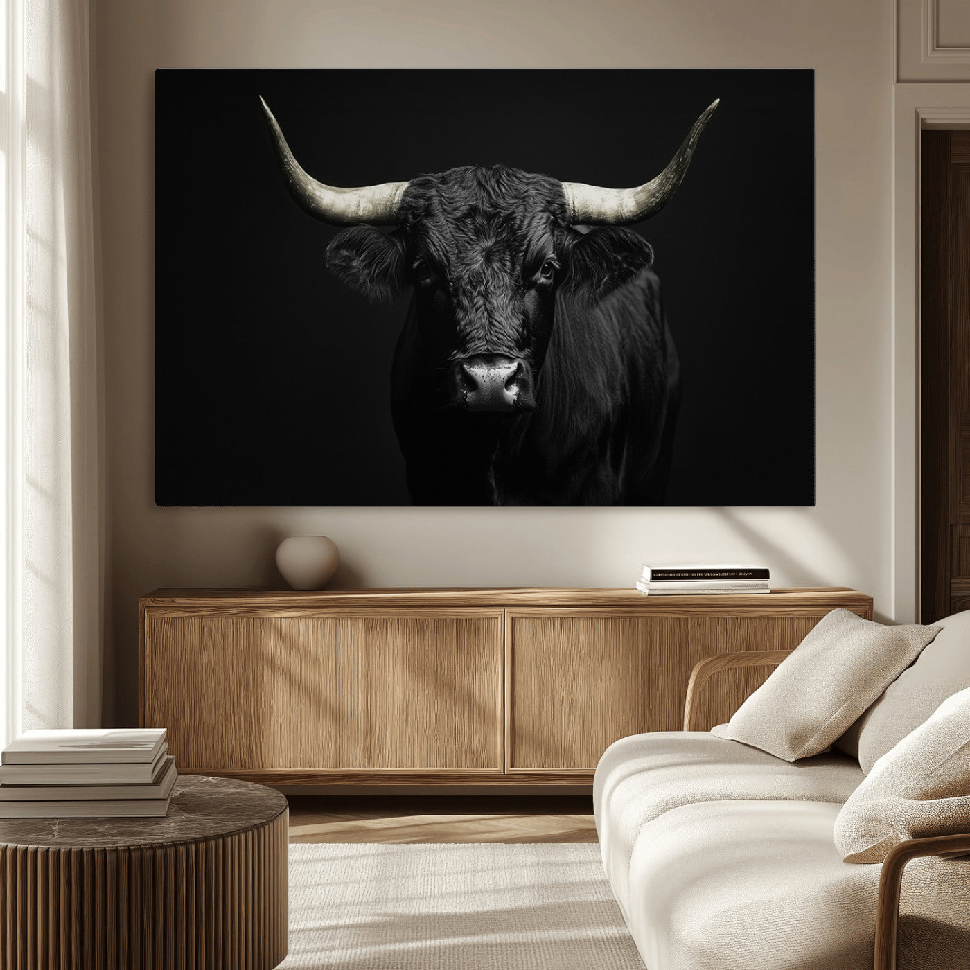 97914921-MGV-CV-36X24-Black Bull Wall Art Canvas Print, Framed Longhorn Bull Art Picture Print, Western Bull Perfect Monochrome Western Decor Artwork