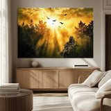 13776802-MGV-CV-36X24-Golden Forest Wall Art Canvas Print, Framed Sunset Pines Art Picture Print, Flying Birds Perfect Nature Glow Decor Artwork