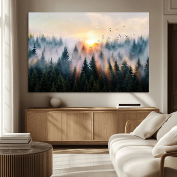 56391411-MGV-CV-36X24-Misty Forest Wall Art Canvas Print, Framed Sunrise Pines Art Picture Print, Moody Pines Perfect Serene Woodland Decor Artwork