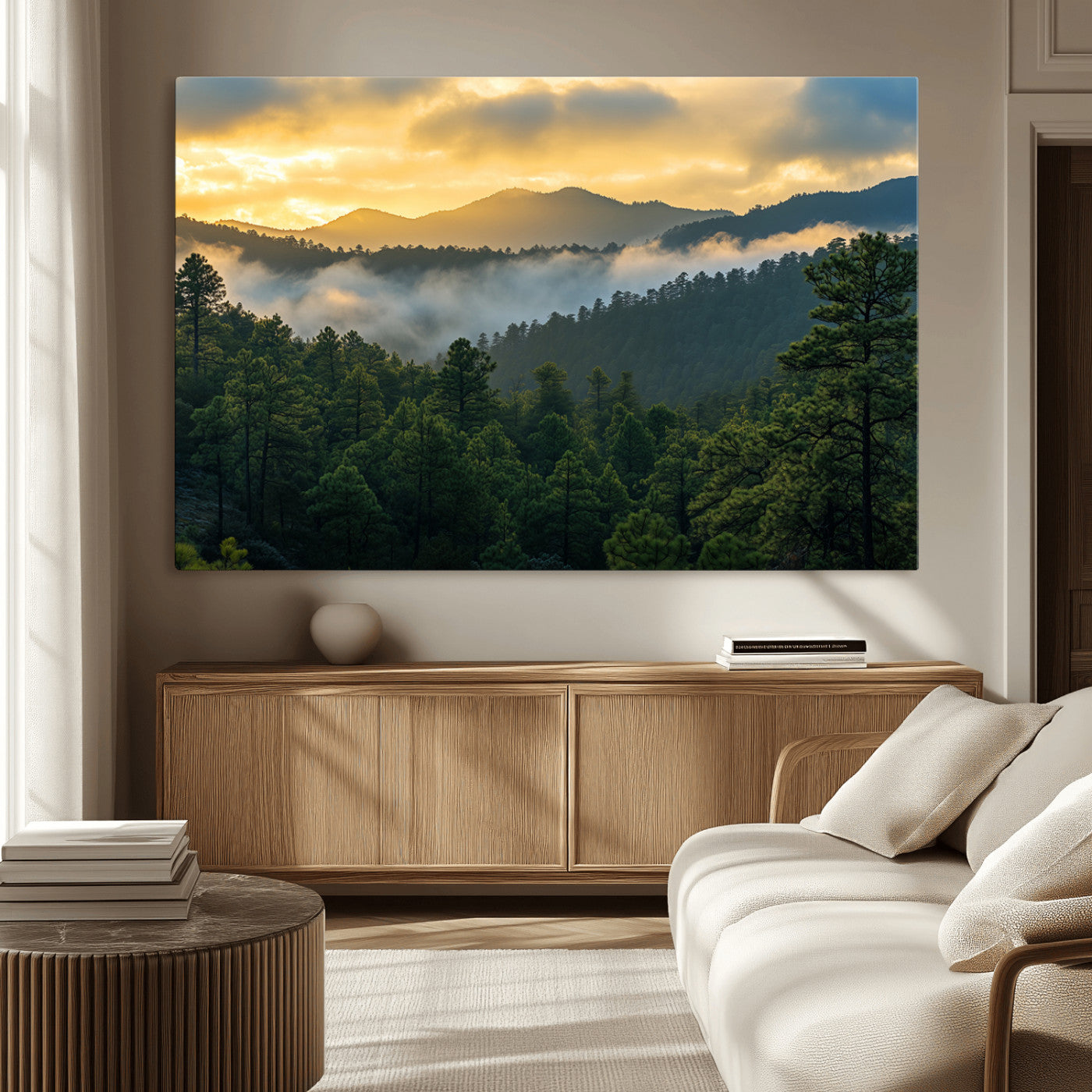 68082278-MGV-CV-36X24-Mountain Sunrise Wall Art Canvas Print, Framed Pine Forest Art Picture Print, Misty Mountains Perfect Earthy Woodland Decor
