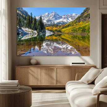 87724099-MGV-CV-36X24-Maroon Bells Wall Art Canvas Print, Framed Snowy Mountains Art Picture Print, Pine Forest Perfect Vibrant Alpine Decor Artwork