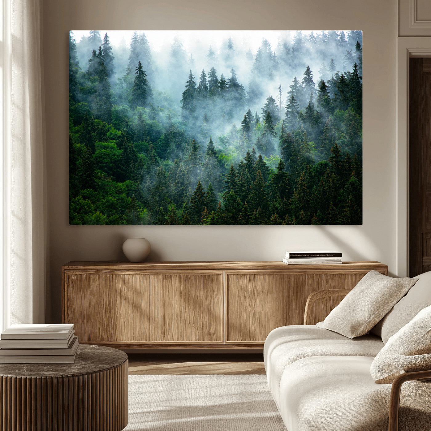 17393683-MGV-CV-36X24-Misty Forest Art Wall Art Canvas Print, Framed Foggy Mountain Art Art Picture Print, Scenic Wall Print Perfect Decor Artwork