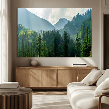 83417191-MGV-CV-36X24-Misty Mountain Forest Wall Art – Pine Tree Landscape Canvas Print, Nature Photography Panorama, Tranquil Green Forest Décor for