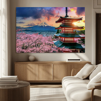 32331262-MGV-CV-36X24-Mount Fuji Japan Wall Art – Cherry Blossom Landscape Canvas Print, Chureito Pagoda Sunset Photography, Japanese Nature Travel