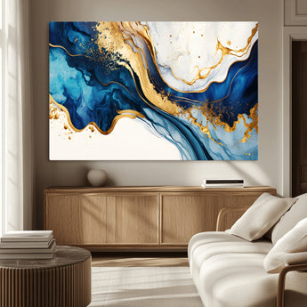 60283636-MGV-CV-36X24-Blue Gold Flow Wall Art Canvas Print, Framed Marble Texture Art Picture Print, Elegant Splash Perfect Elegant Abstract Decor