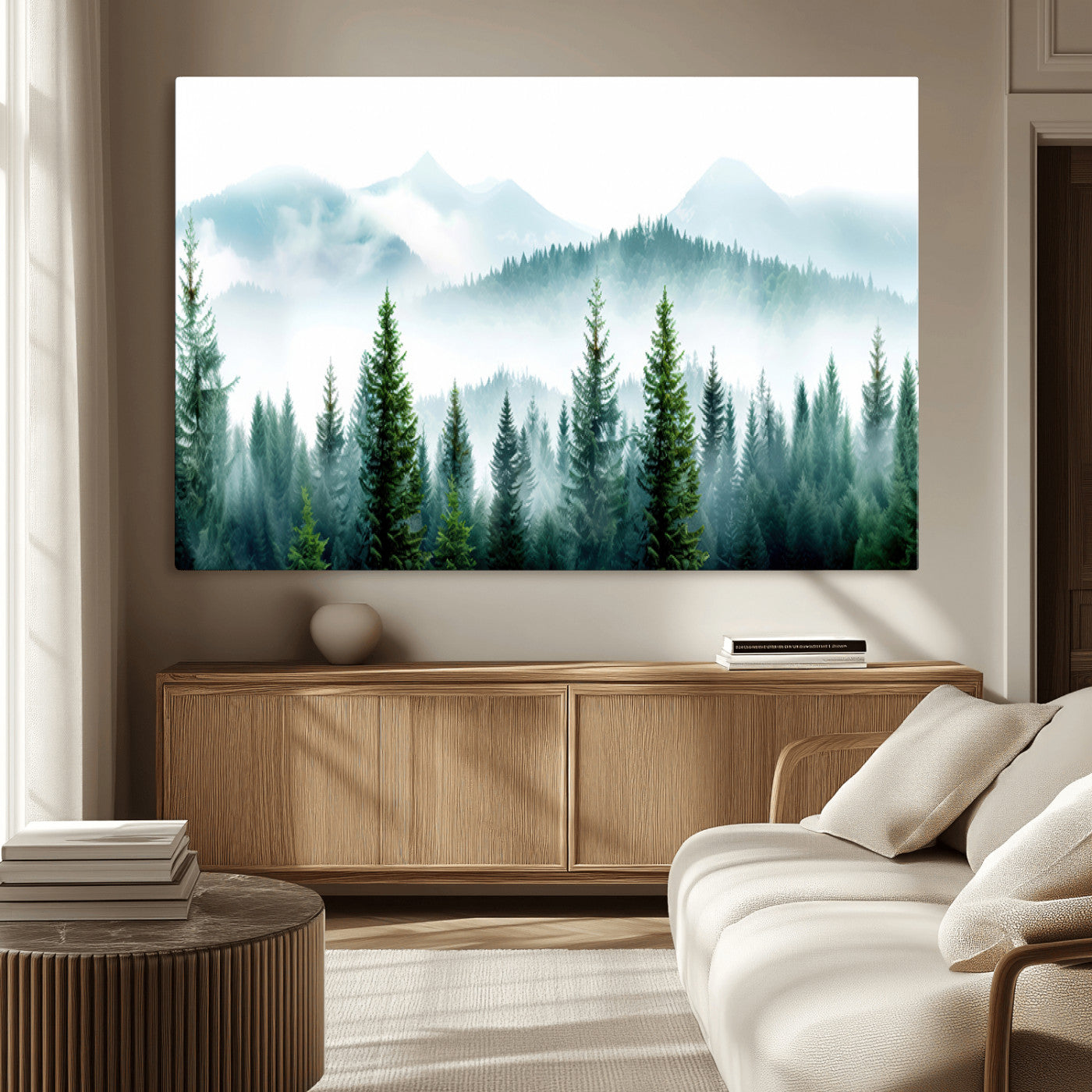 16716676-MGV-CV-36X24-Pine Forest Wall Art Canvas Print, Framed Misty Mountains Art Picture Print, Foggy Trees Perfect Moody Forest Decor Artwork