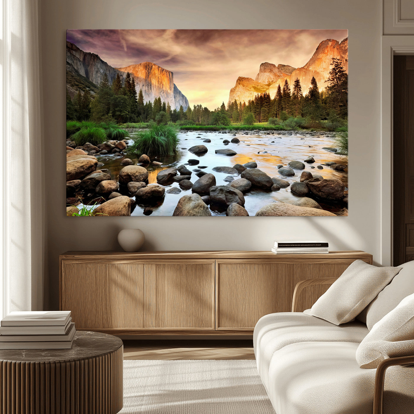 90956031-MGV-CV-36X24-Yosemite Valley Wall Art – Scenic Mountain River Landscape Canvas Print, Nature Photography for Living Room, Bedroom, Cabin,