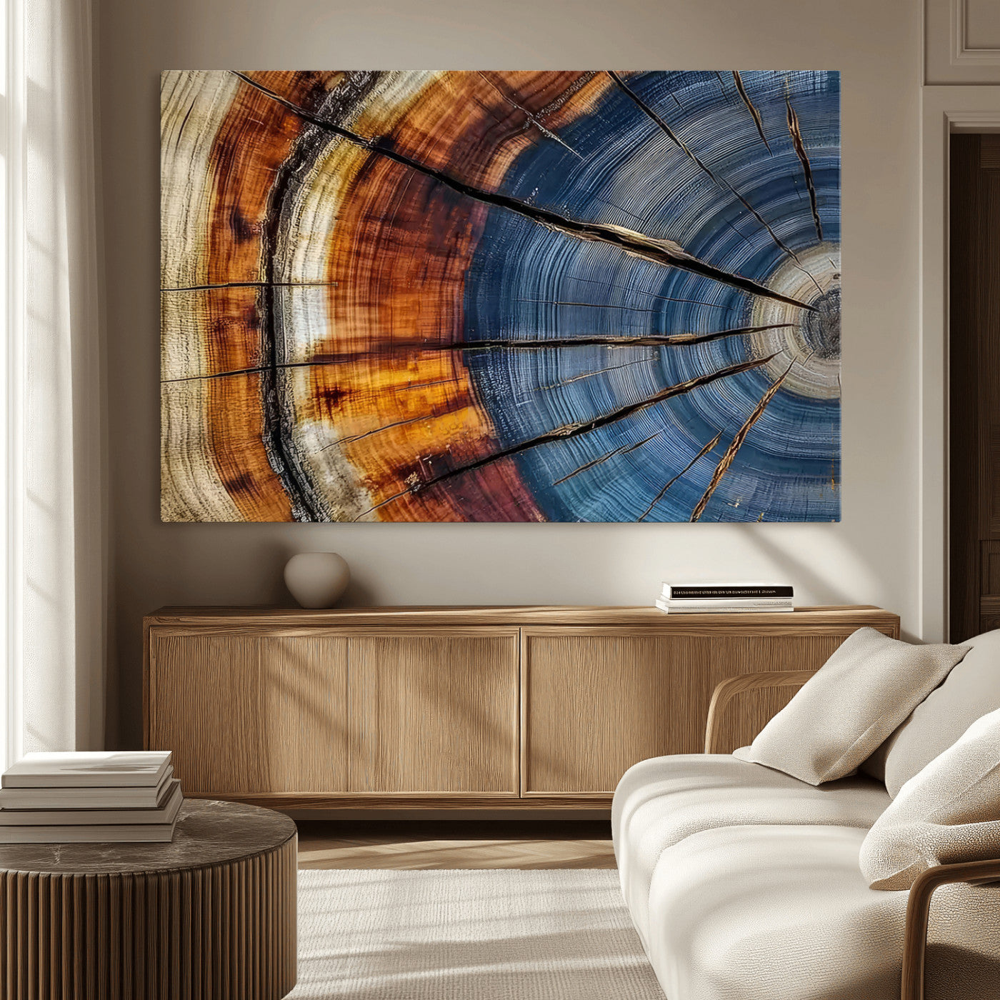 96890915-MGV-CV-36X24-Abstract Tree Ring Wall Art – Rustic Nature Canvas Print with Wood Grain Texture, Modern Earth Tone Artwork for Office, Living