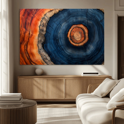 72209152-MGV-CV-36X24-Abstract Tree Ring Wall Art – Vibrant Blue Orange Wood Grain Canvas Print, Rustic Modern Nature Artwork for Living Room, Office,