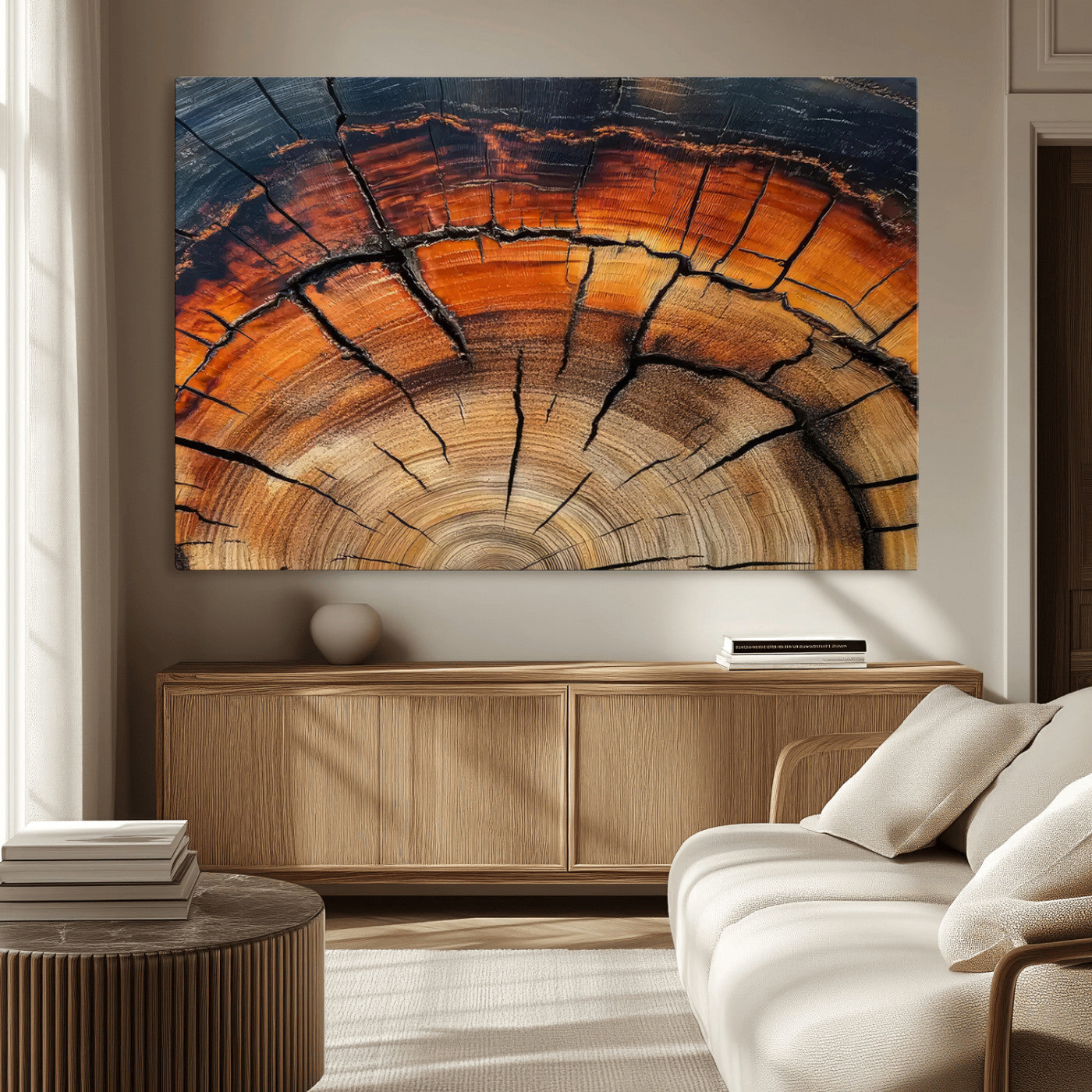 65909987-MGV-CV-36X24-Rustic Tree Ring Wall Art – Nature Inspired Wooden Texture Canvas Print, Modern Abstract Artwork for Living Room, Bedroom, Office